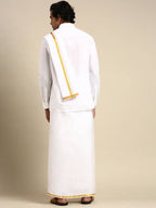 Ramraj Cotton Premium Wedding White Regular Dhoti, Shirt & Towel Set Arathi 1/2" | Grocsy