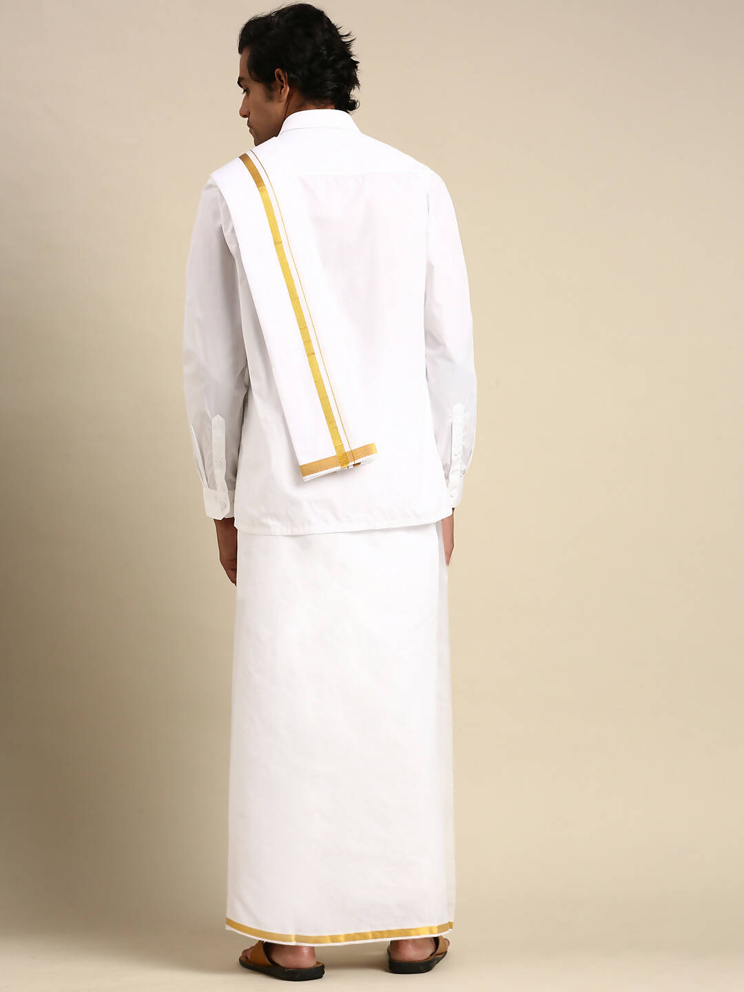 Ramraj Cotton Premium Wedding White Regular Dhoti, Shirt & Towel Set Arathi 1/2" | Grocsy