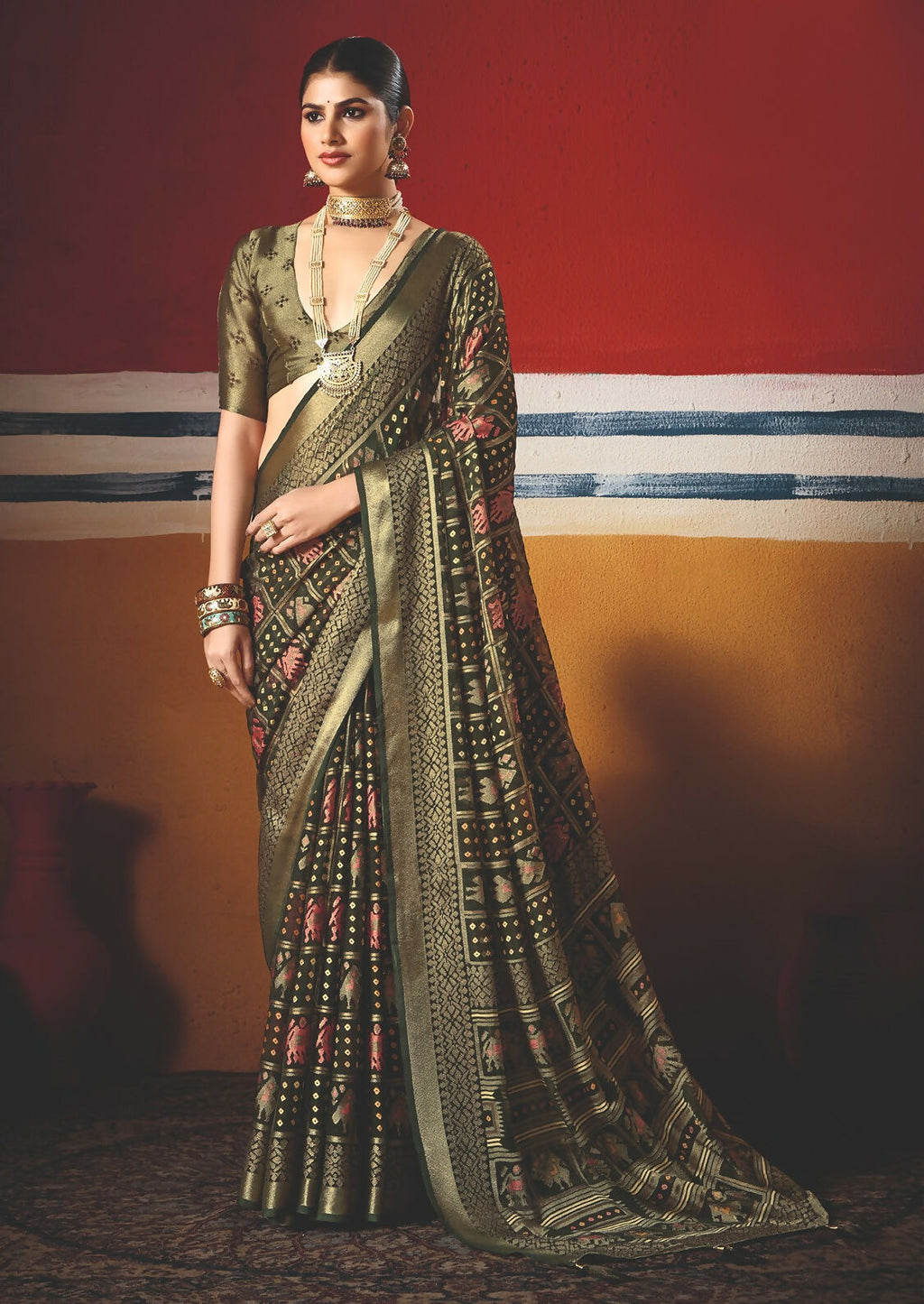 Joban Fashion Green Dull Moss Brasso Saree | Grocsy