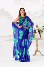 Vastranavya Royal Blue Floral Print with Lace Border work Chiffon Saree & Unstitched Blouse | Grocsy