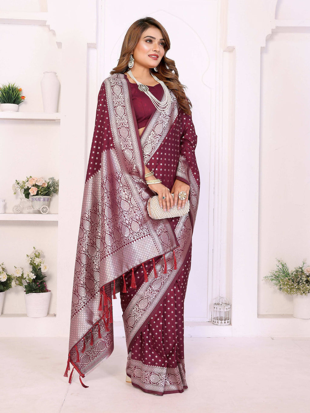 Aastha Fashion Wine Georgette Silk Zari Weaving Saree | Grocsy