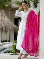 The52 White Women's Gorgeous Embroidered Chanderi Fabric Straight Kurta, Pant and Dupatta Set | Grocsy