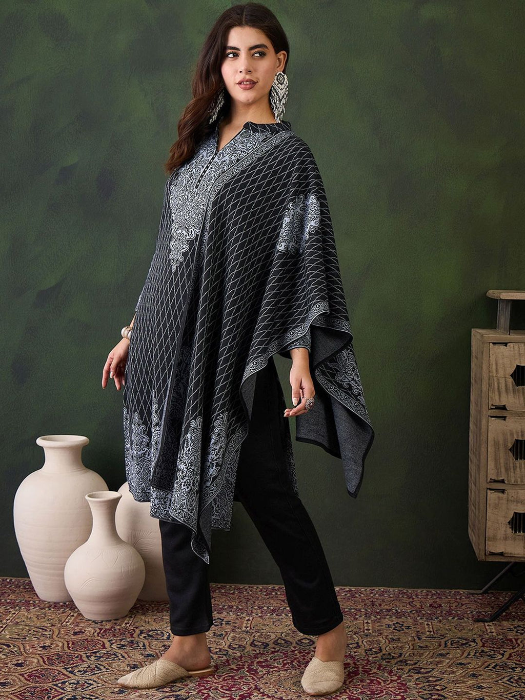 Sangria Ethnic Motifs Woven Design Mandarin Collar Straight Kurta With Trouser & Dupatta | Grocsy