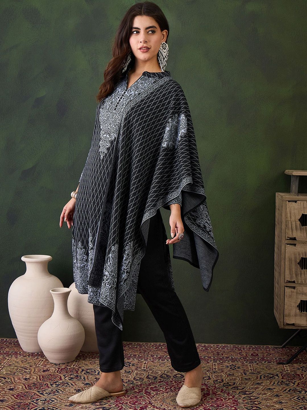Sangria Ethnic Motifs Woven Design Mandarin Collar Straight Kurta With Trouser & Dupatta | Grocsy