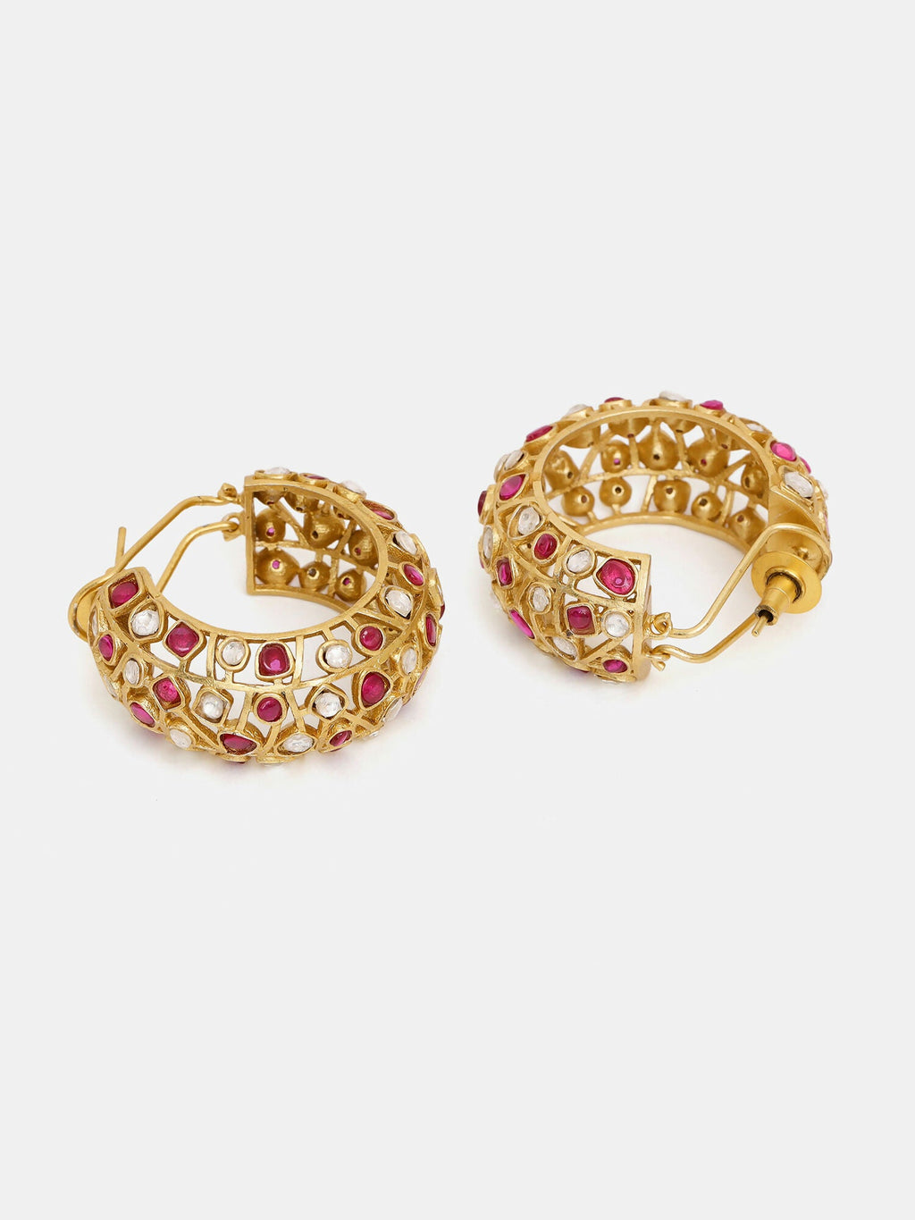 Ruby Raang Gold Polished Maroon Round Kundan Loops | Grocsy