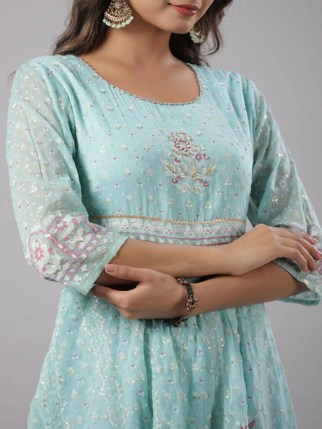 Juniper Women Sky Blue Chiffon Dobby Printed Maxi Dress | Grocsy