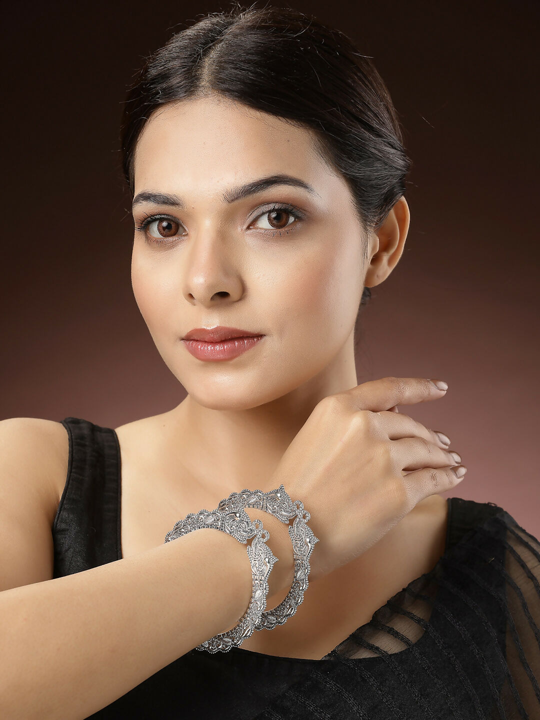 NVR Women's Set of 2 Silver-Toned German Silve Oxidised Elephant Design Handcrafted Bangles
