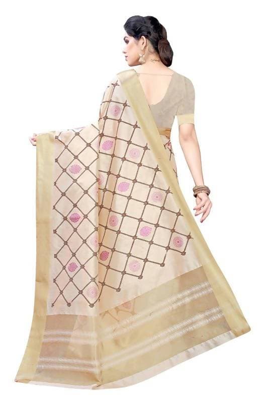 Vamika Weaving Cream Cotton Polyester Silk Saree (KERALA CHECKS) | Grocsy