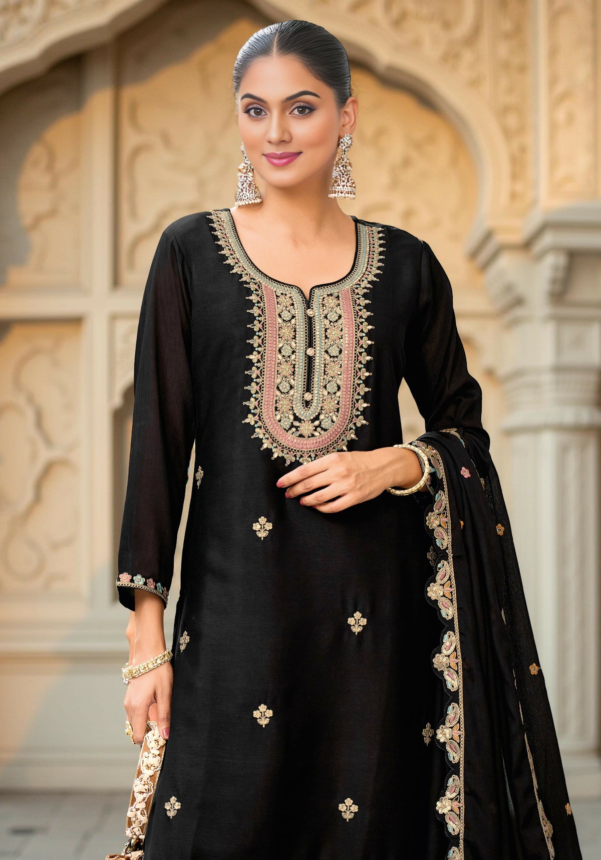 Ethnic Festive Wear Black Primium Chinon Fabric Stitched Suit With Dupatta - Zeeya | Grocsy