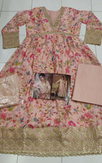 Vastranavya Peach Anarkali Suit Set In Organza Silk Floral Printed & Foil Mirror Work | Grocsy