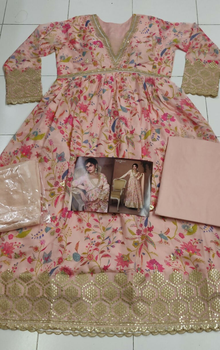 Vastranavya Peach Anarkali Suit Set In Organza Silk Floral Printed & Foil Mirror Work | Grocsy