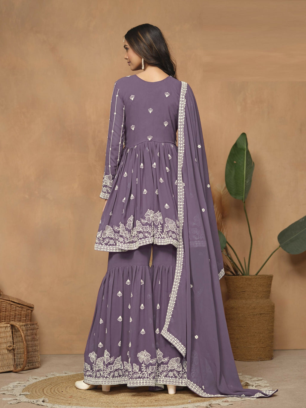 Anaita Lavender Embroidered Faux Georgette Sharara Suit | Grocsy