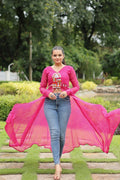 Vastranavya Pink Navratri Special Kutchi Patch Work with Leheriya Printed Kurti | Grocsy