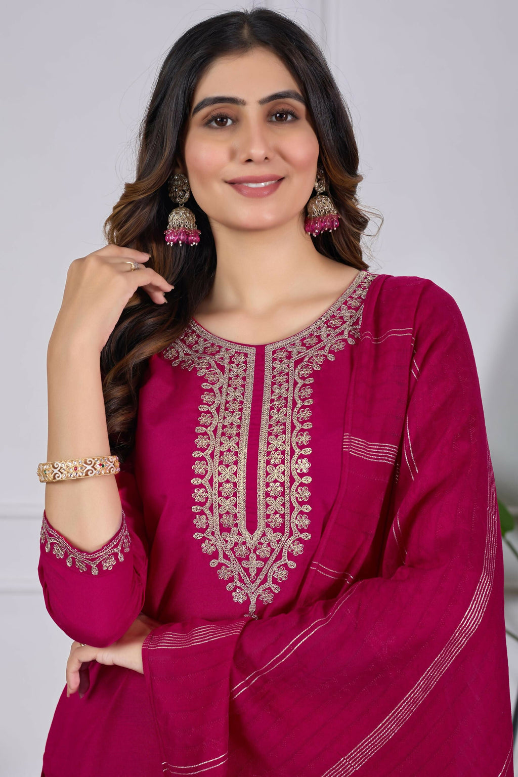 The52 Pink Women's Beautiful Embroidered Rayon Slub Fabric with Straight Kurta, Pant and Dupatta Set | Grocsy