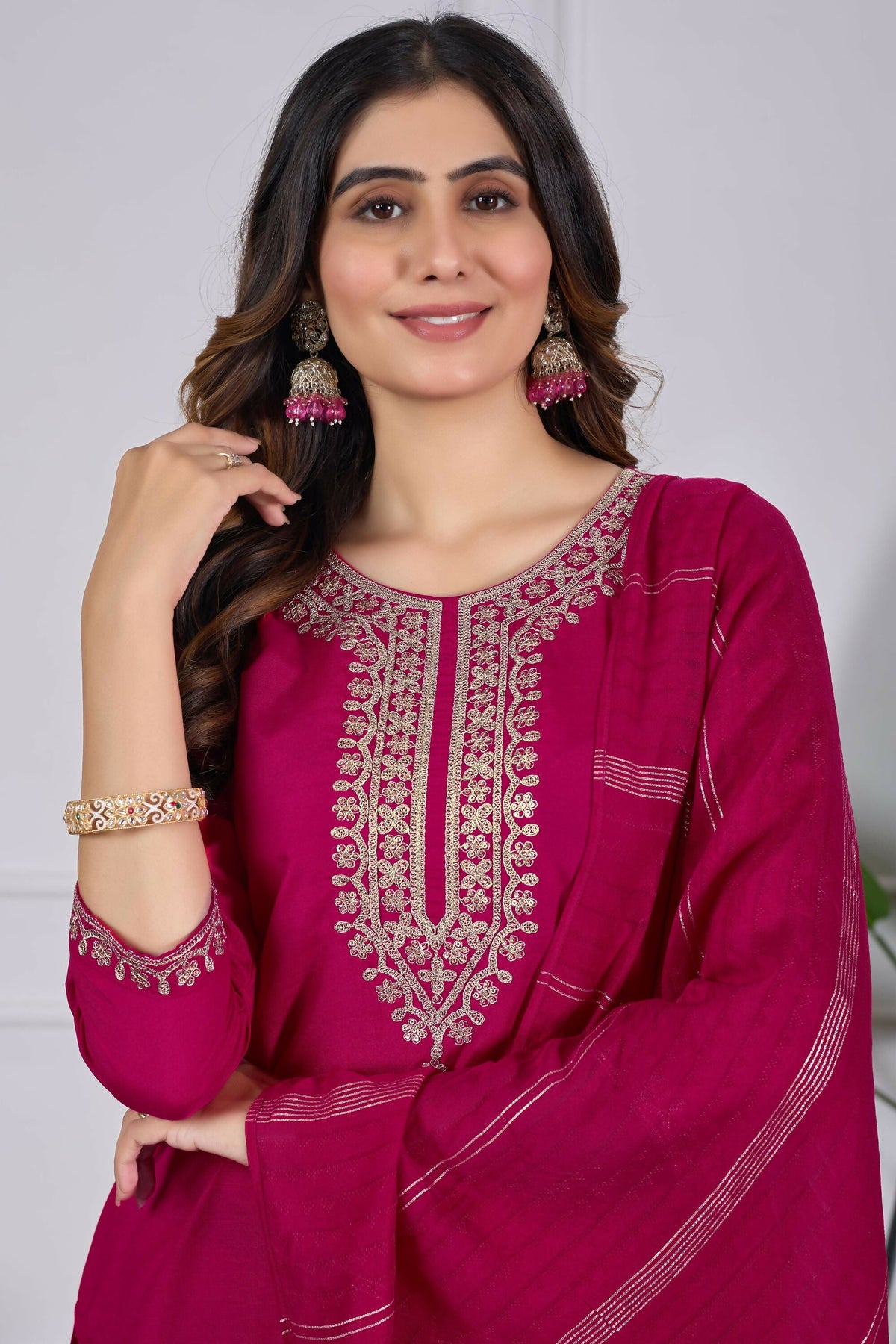 The52 Pink Women's Beautiful Embroidered Rayon Slub Fabric with Straight Kurta, Pant and Dupatta Set | Grocsy