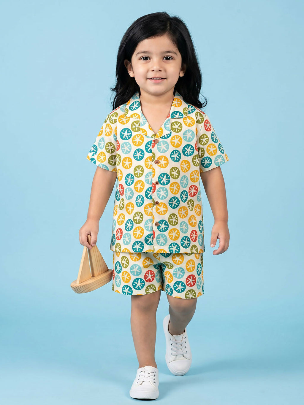 Breathables Woven Cotton Half Sleeves Colourful Star Fish Shirt & Shorts Multicolour | Grocsy