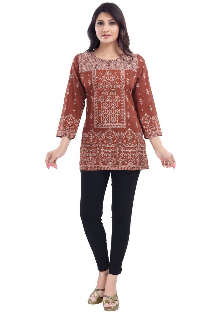 Snehal Creations Rust Faux Crepe Short Kurti Tunic Top | Grocsy