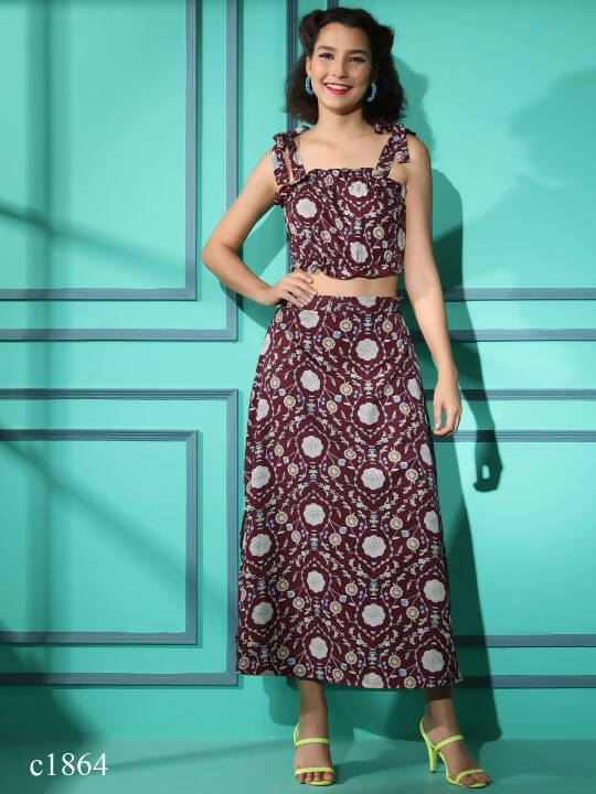 Wine Crepe Floral Printed Top with Matching Skirt - Shivani | Grocsy