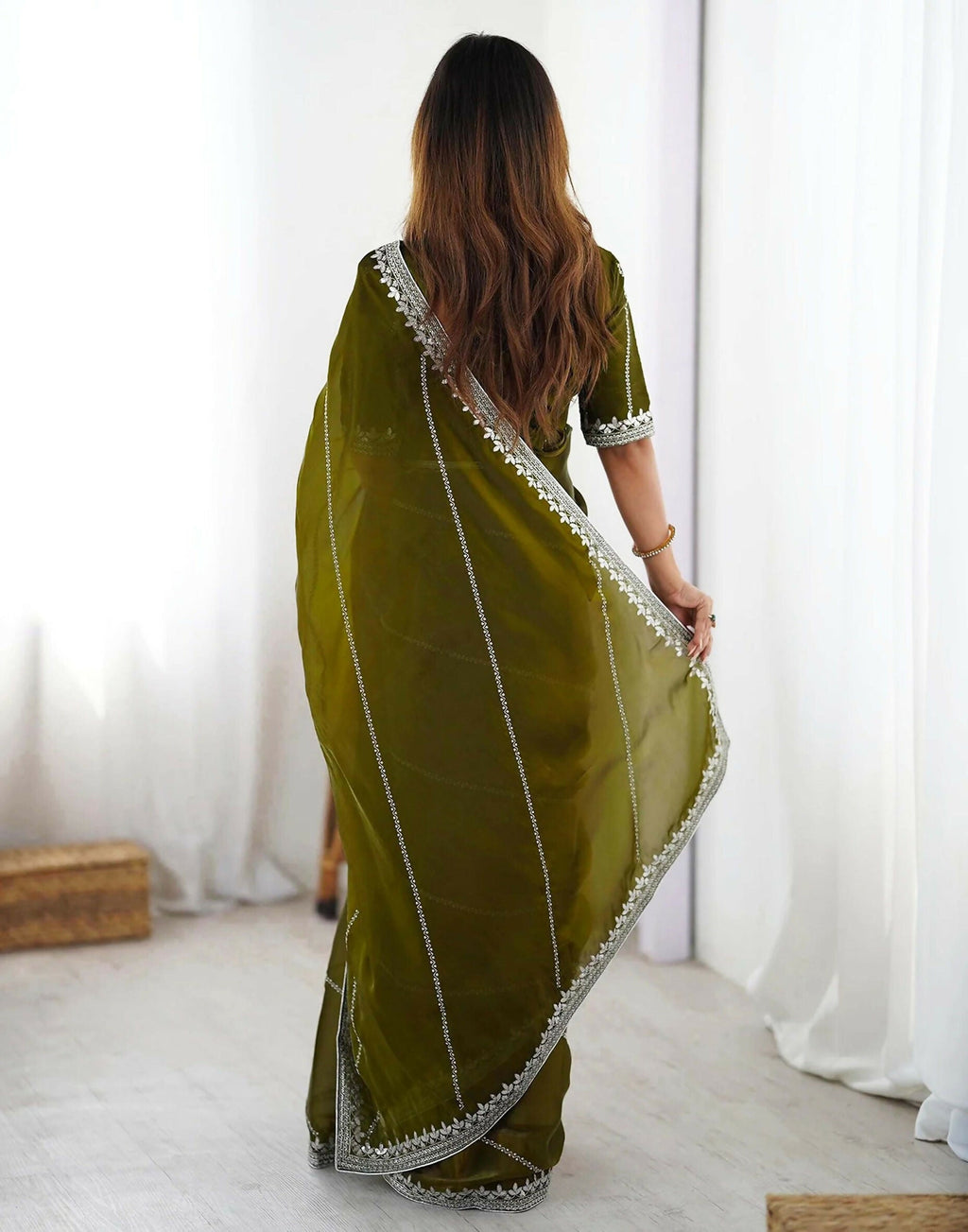 Joban Fashion Tissue Silk Olive Green Color Embroidery Saree | Grocsy