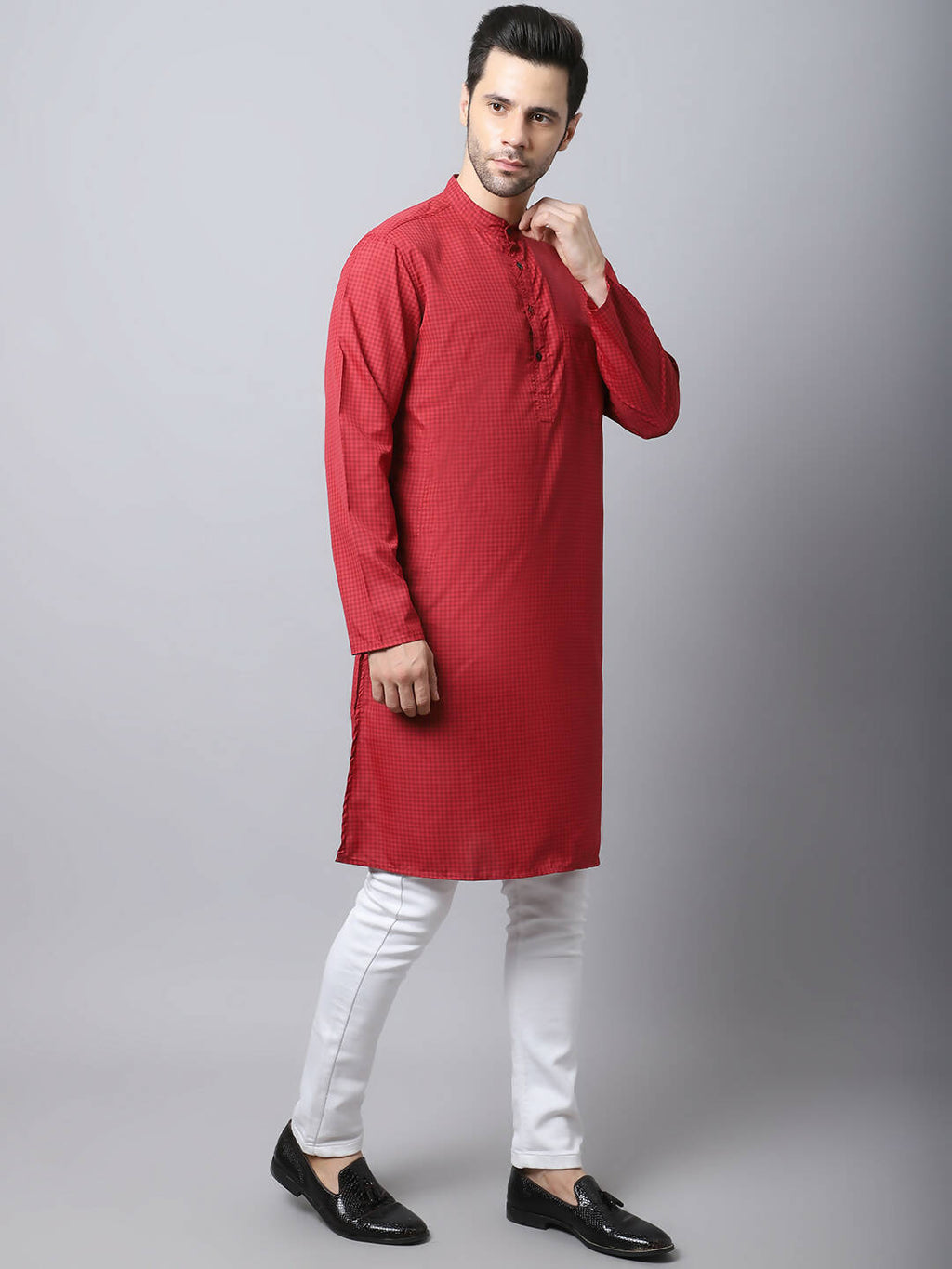 Even Apparels Maroon Cotton Checked Men's Kurta With Band Collar | Grocsy