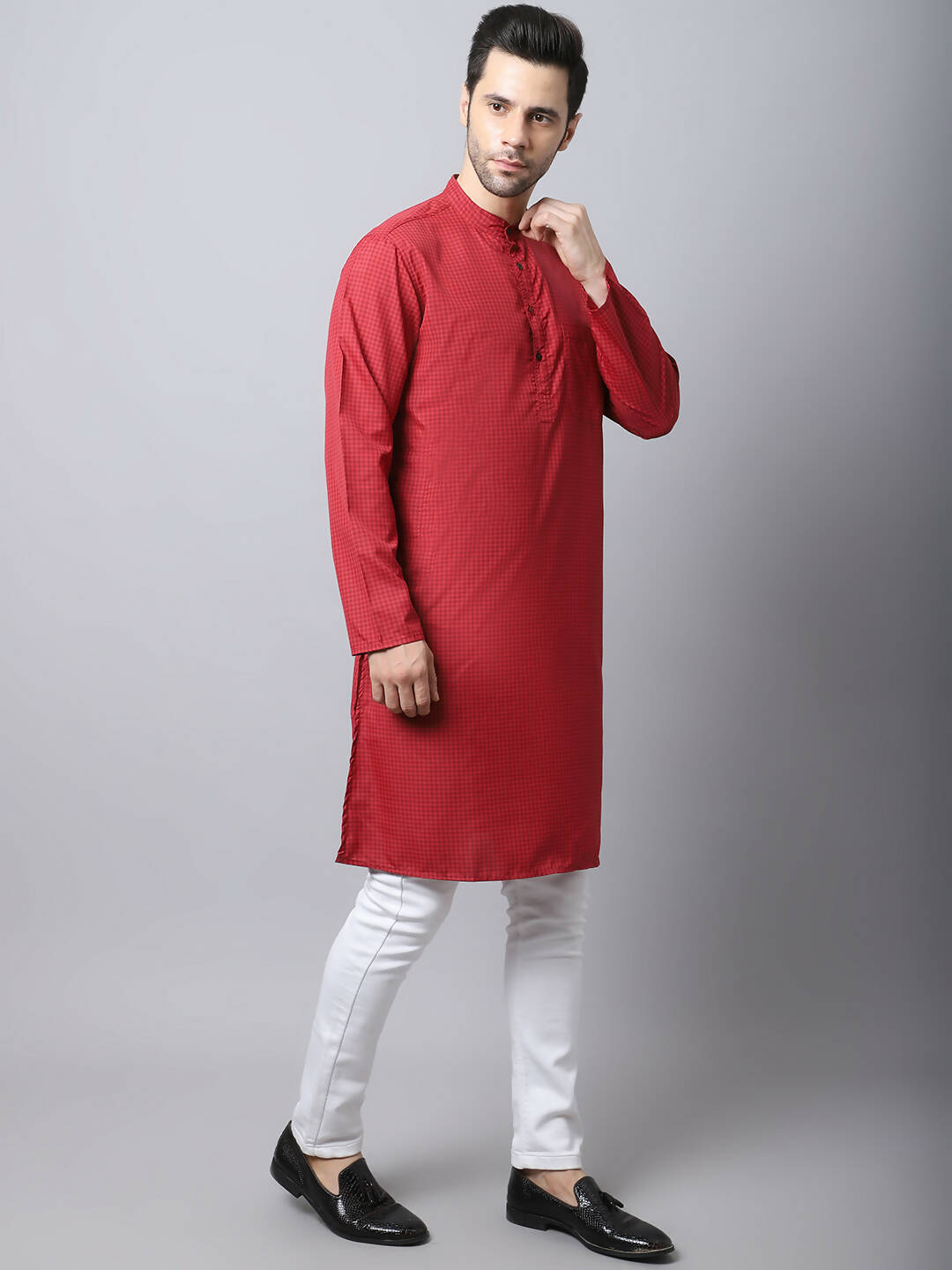Even Apparels Maroon Cotton Checked Men's Kurta With Band Collar | Grocsy
