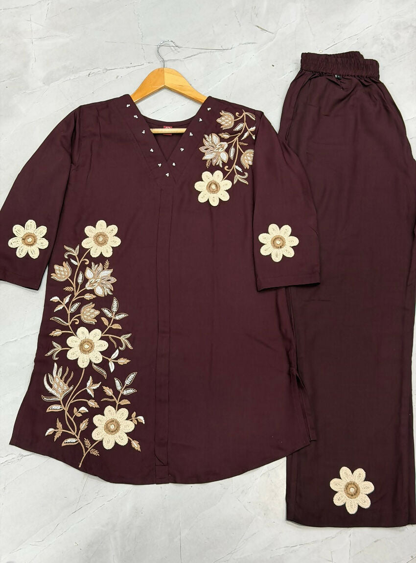 Teeya Creation Women Coffee Brown Embroidered Tunic & Pant Co-Ord Set | Grocsy