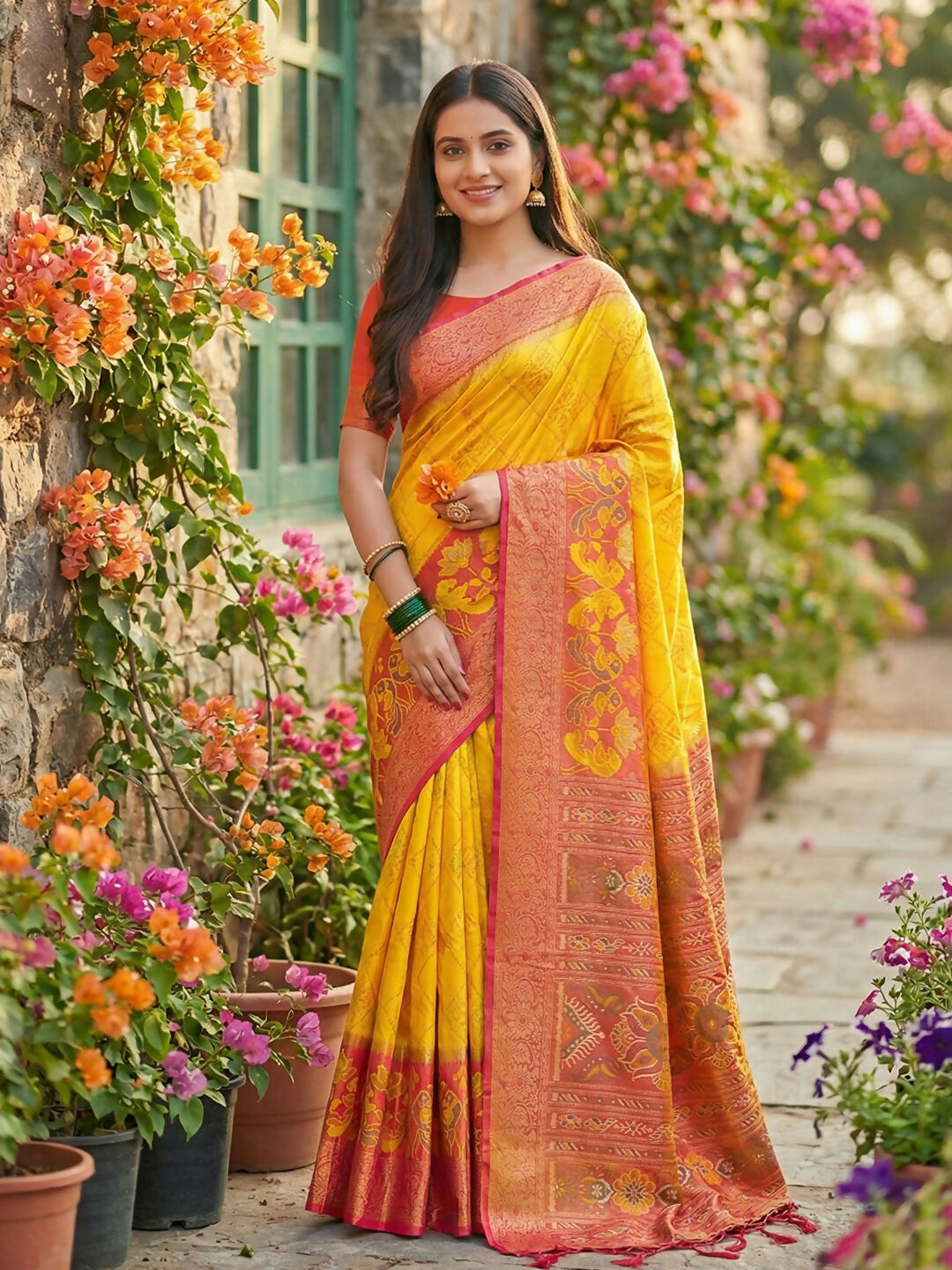 Shree Shyam Fashion Yellow Pochampally Silk Saree | Grocsy