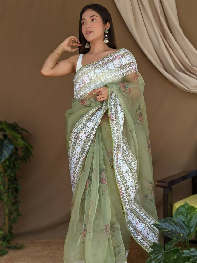 Vamsee White Border Green Organza Saree | Grocsy