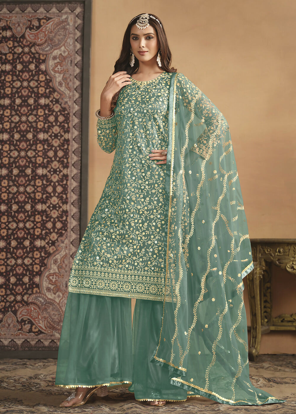 Net Mint Green Embroidered Festive Gharara Style Suit - Emponline | Grocsy