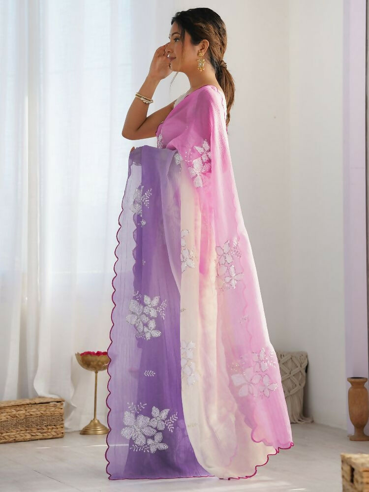 PR Fashion Pink_Lavender Gold Crush Embroidery Work Saree | Grocsy