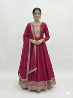 The52 Women's Gorgeous Embroidery Work Vichitra SIlk Fabric Flared Anarkali Dupatta Set-Dark Pink | Grocsy