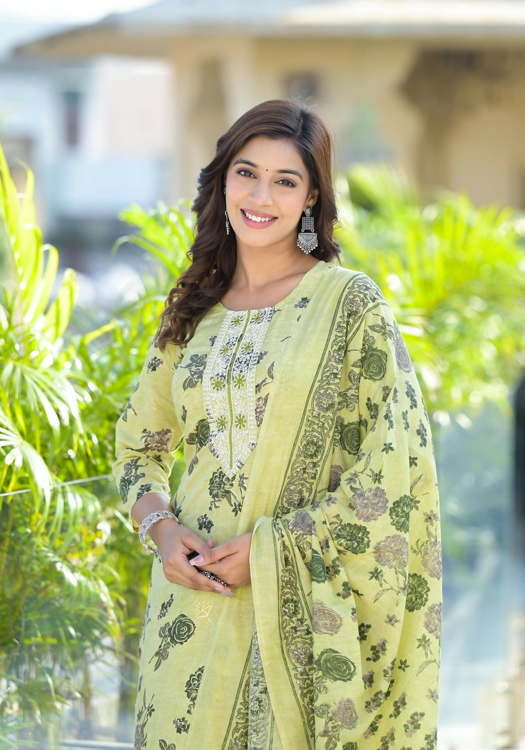 Juniper Women's Lime Green Floral Printed Cotton Kurta Set With Thread Work | Grocsy