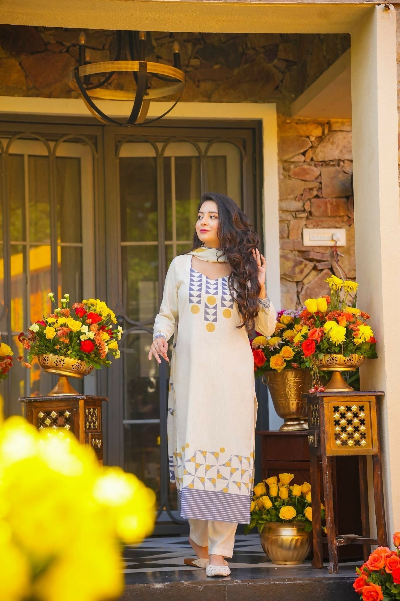 The52 Women's Gorgeous Printed Work Muslin Fabric Straight Kurta Pant and Dupatta Set-White | Grocsy