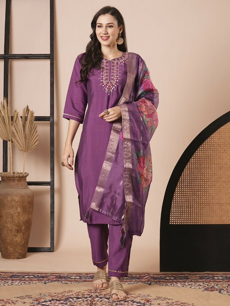 Purple Viscose Chanderi Embroidery Work Kurta Set - Riya | Grocsy
