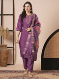 Purple Viscose Chanderi Embroidery Work Kurta Set - Riya | Grocsy