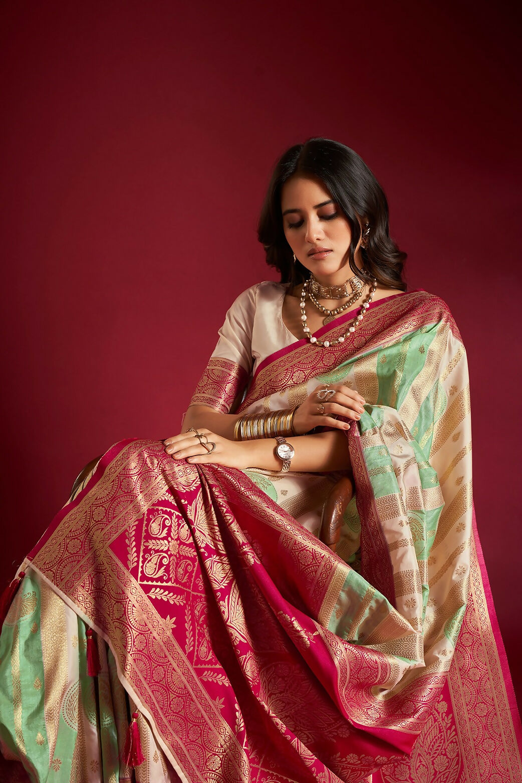 Joban Fashion Cream & Sea Green Plain With Weaving Border Banarasi Silk Sarees | Grocsy