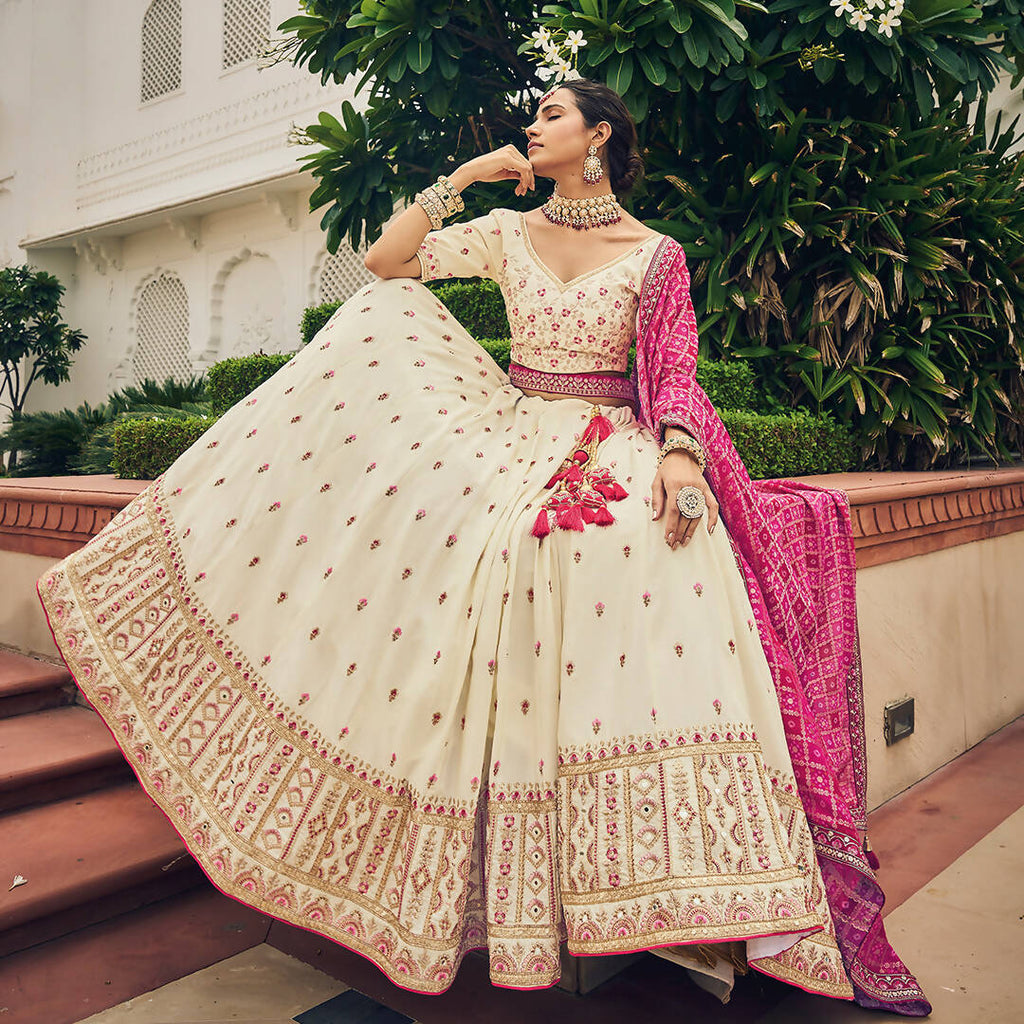Cream Heavy Viscose Khatli, Embroidery & Mirror Work Unstitched Lehenga Choli - Sisha Keshav | Grocsy