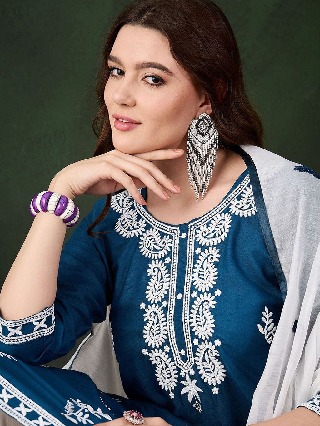 Sangria Teal Blue Paisley Embroidered Thread Work Straight Kurta & Trouser With Dupatta | Grocsy