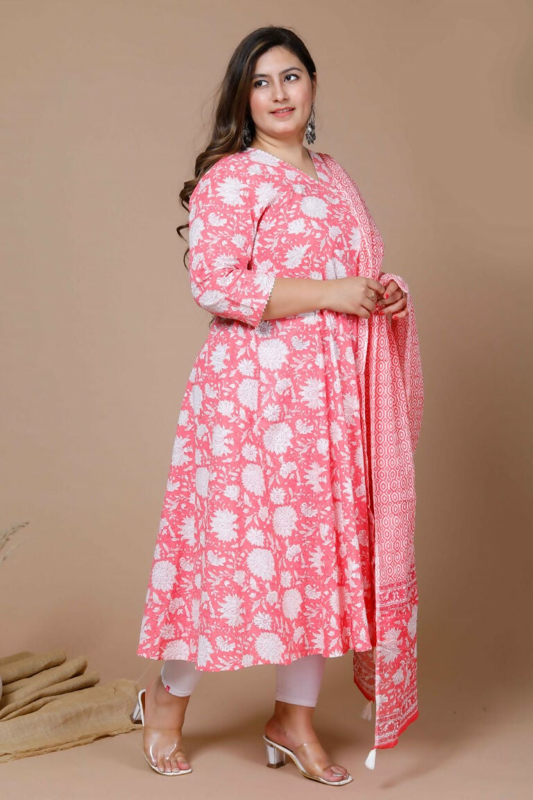 Miravan Women's Pink Plus Size Cotton Floral Print Anarkali Kurta With Dupatta | Grocsy