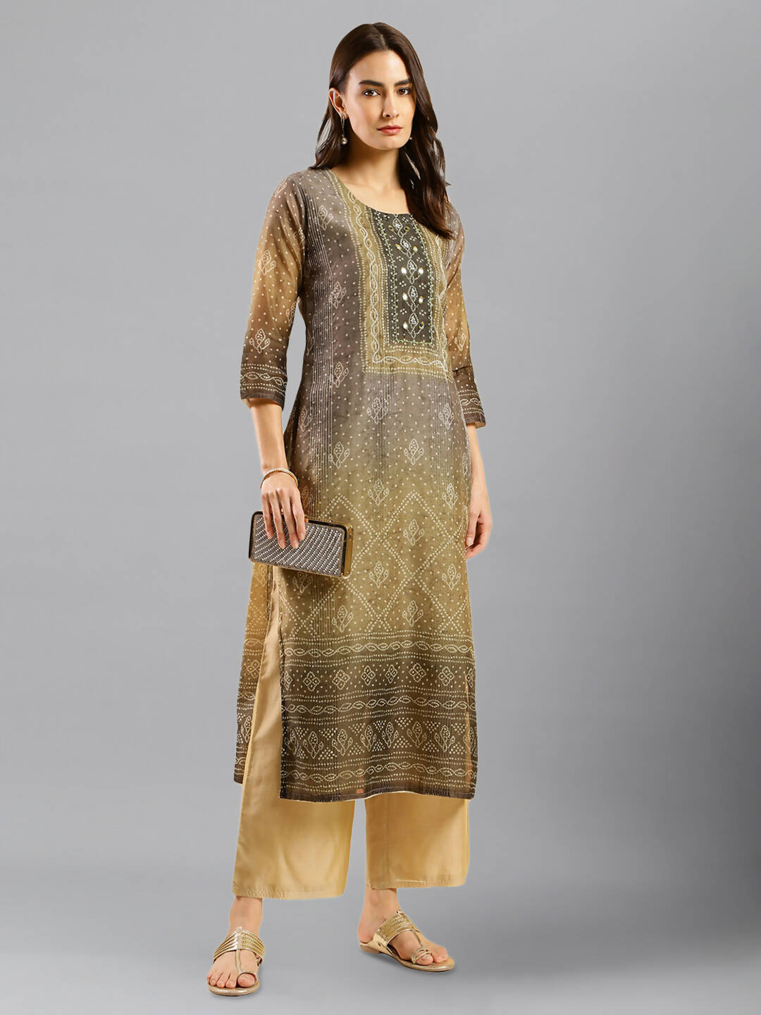 Brown Chinon Digital Printed With Hand Work Kurta - Himanshi | Grocsy
