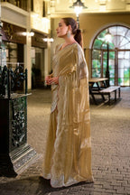 Vastranavya Beige Embroidery Work Shimmer Chiffon Saree with Unstitched Blouse | Grocsy