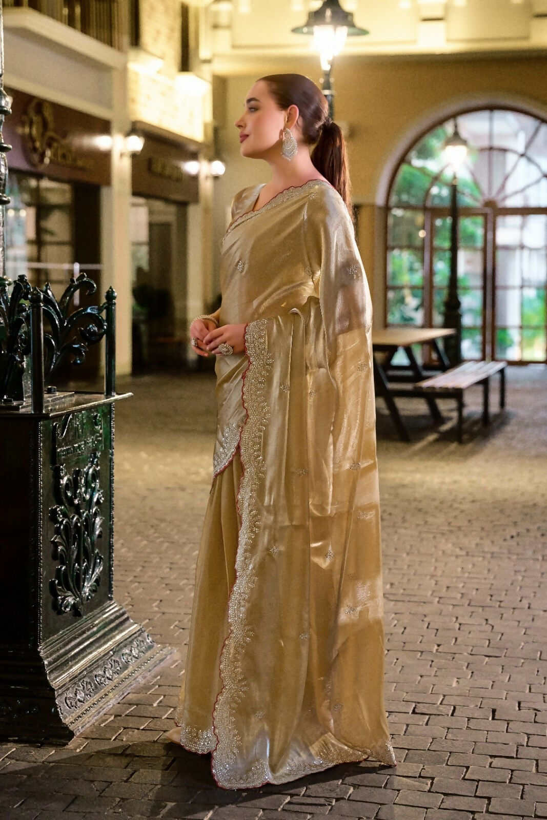 Vastranavya Beige Embroidery Work Shimmer Chiffon Saree with Unstitched Blouse | Grocsy