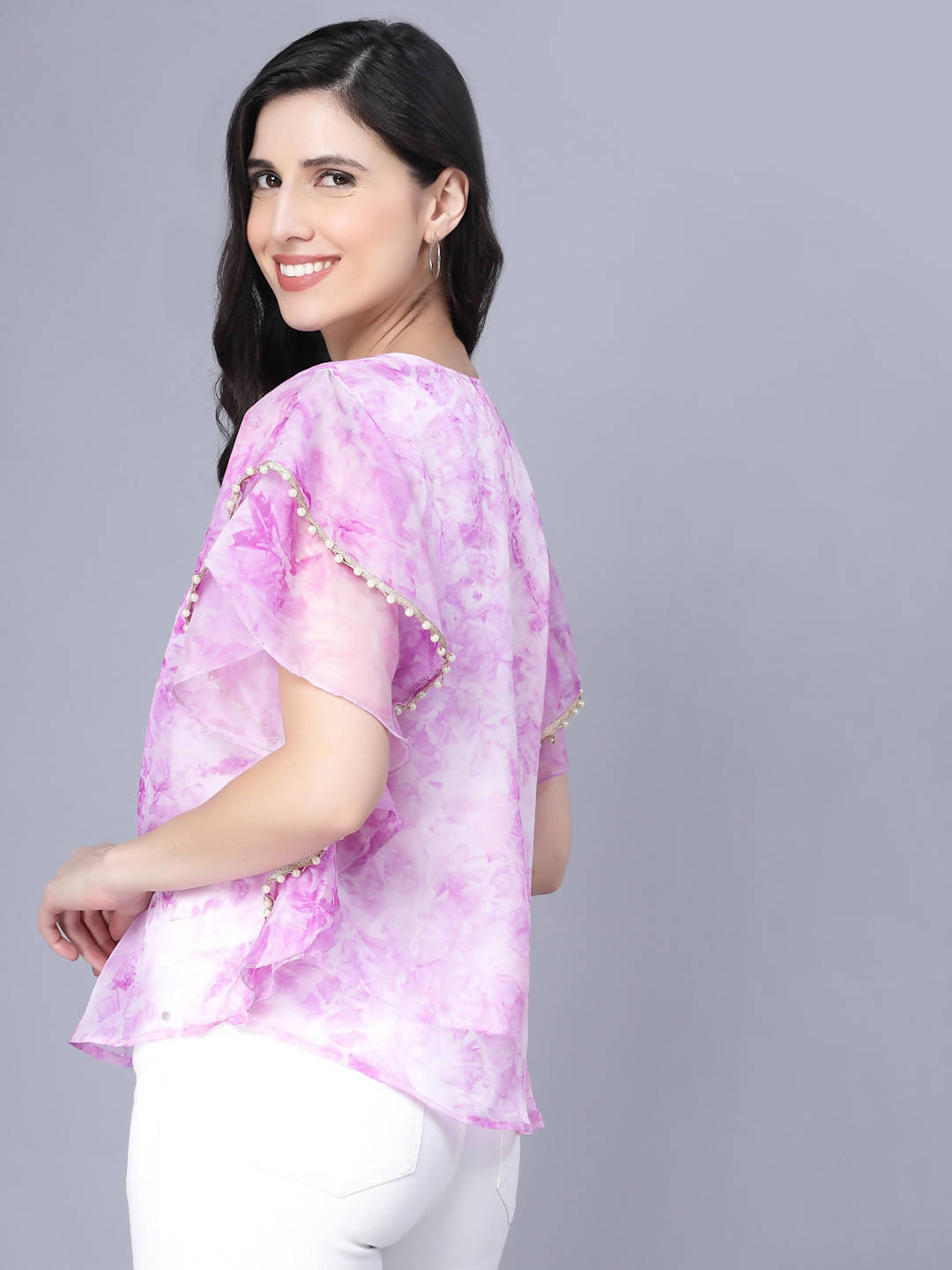 Myshka Organza Printed Short Sleeve Round Pink Women Top | Grocsy