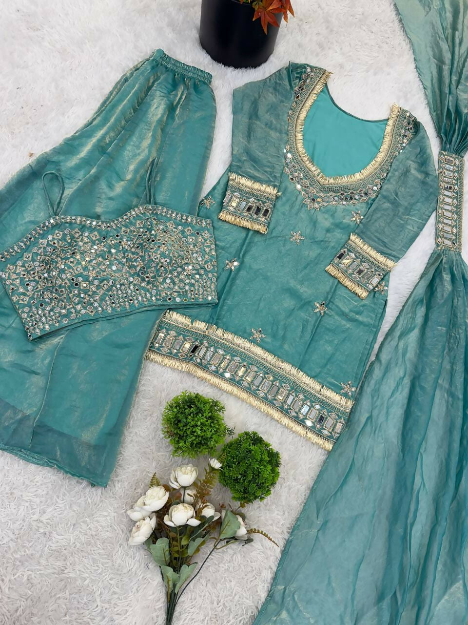 Teeya Creation New Trendy Stylish Real Mirror Work With Lace Border Teal Kurta Set | Grocsy