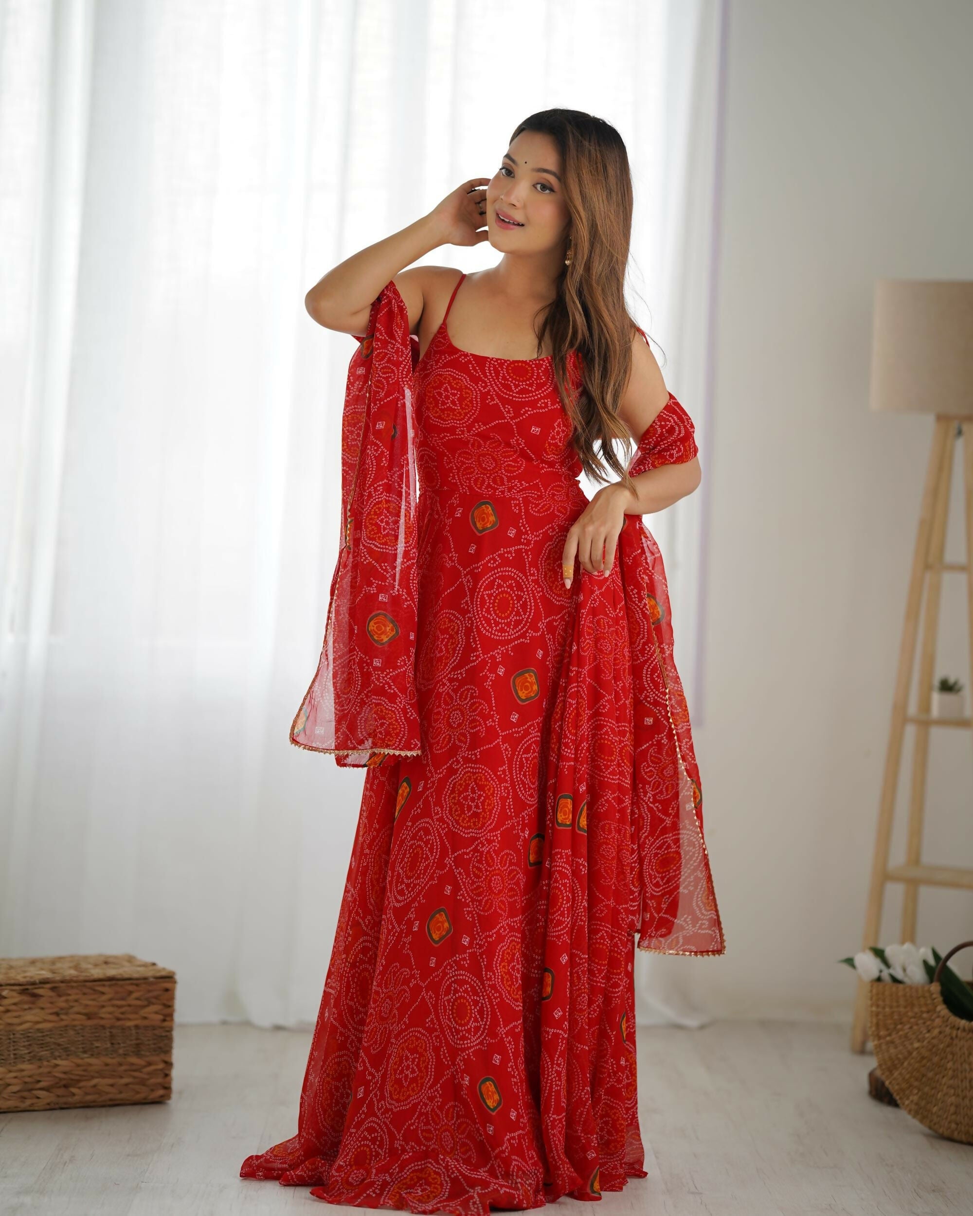 The52 Women's Beautiful Printed Chiffon Bandhej Fabric Flared Anarkali Pant and Dupatta Set | Grocsy