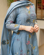 The52 Blue Women's Beautiful Cotton Fabric Thread Work Straight Kurta, Pant and Dupatta Set | Grocsy