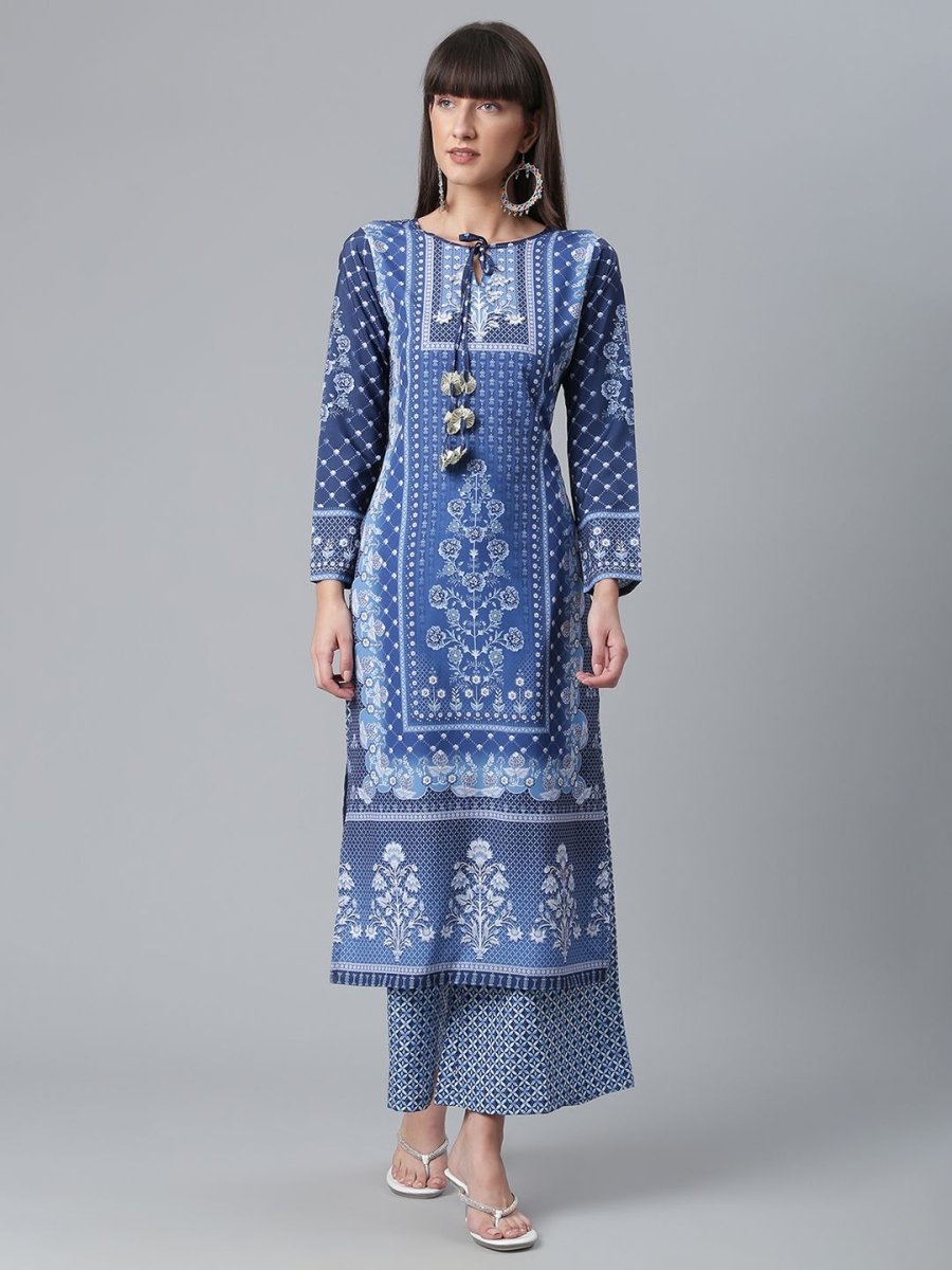 Ahalyaa Women Navy Blue Crepe Floral Print kurta With Palazzo | Grocsy