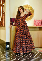 Jyoti Fashion Women's Brown Heavy Digital Printed Cotton Silk Anarkali Dress | Grocsy