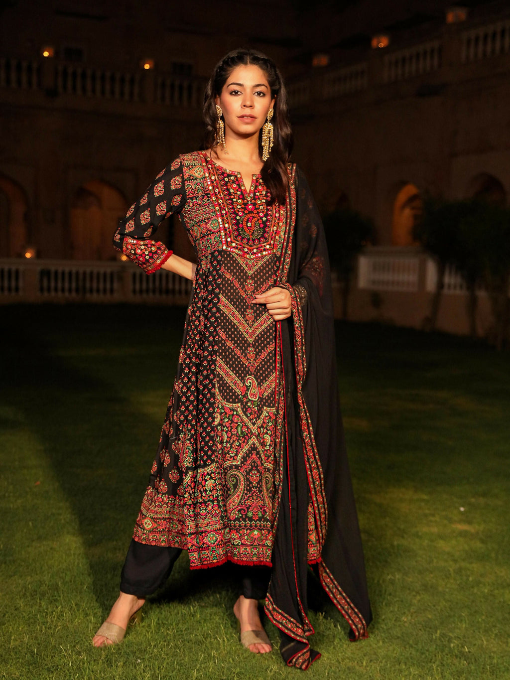 Juniper Women's Black Ethnic Motif Printed Rayon Kurta Palazzo And Dupatta With thread & Mirror Work | Grocsy
