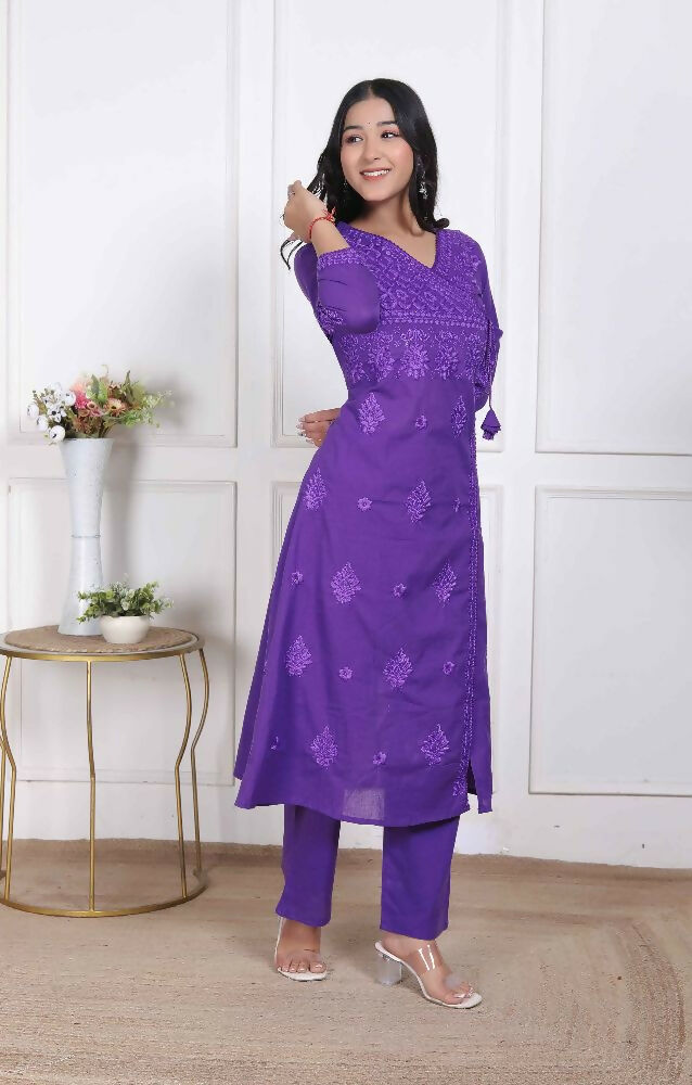 Miravan Womens Purple Floral Printed Angrakha Style Kurta With Palazzo | Grocsy